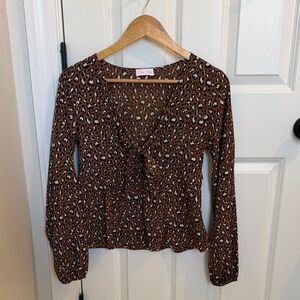 Pink Lily Brown Leopard Print Tie Blouse